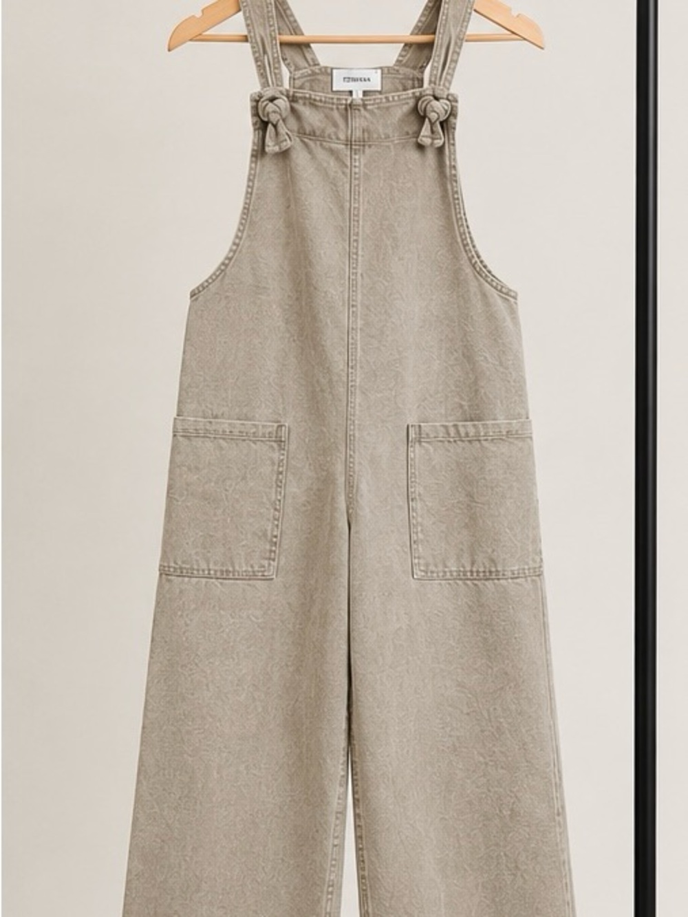 Zenana Outfitters Taupe Wide-Leg Denim Overalls with Knotted Straps